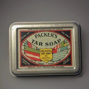 Vintage Packer's Tar Soap Tin Container, 3.5 × 2.5 × 1 Inches